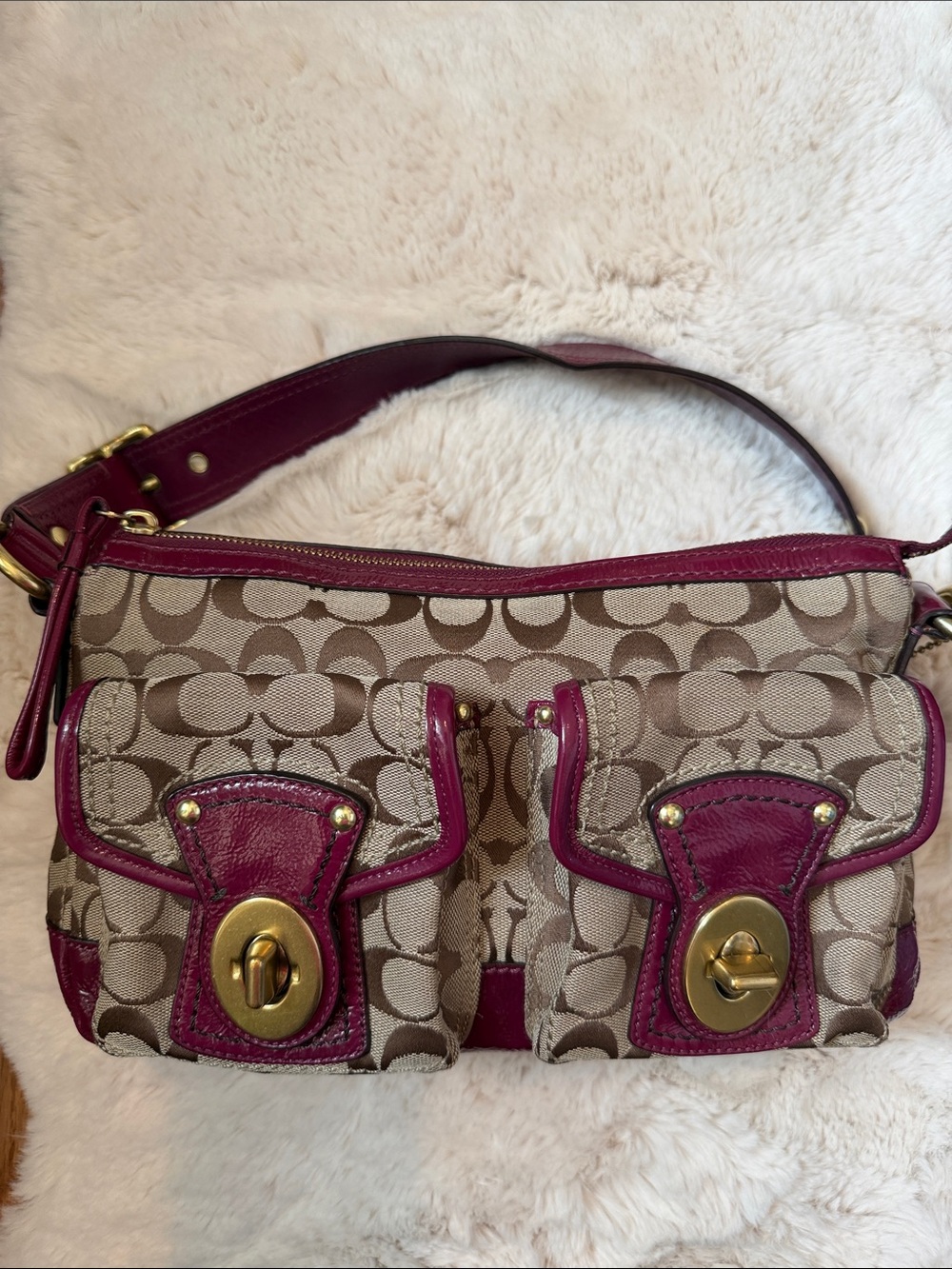 Coach Signature Canvas Shoulder Bag with Berry Trim